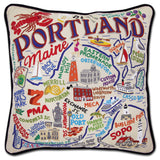 Portland, ME hand embroidered pillow with black velvet piping