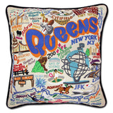 Queens hand embroidered pillow with black velvet piping
