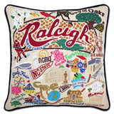 Raleigh hand embroidered pillow with black velvet piping