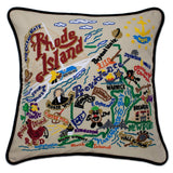 Rhode Island hand embroidered pillow with black velvet piping