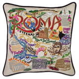 Roma hand embroidered pillow with black velvet piping