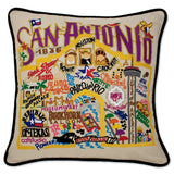 San Antonio hand embroidered pillow with black velvet piping