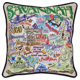 Savannah hand embroidered pillow with black velvet piping