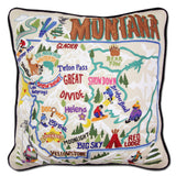 Ski Montana hand embroidered pillow with black velvet piping