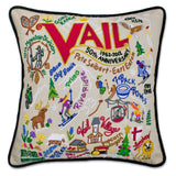 Vail hand embroidered pillow with black velvet piping