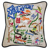 Ski Vermont hand embroidered pillow with black velvet piping