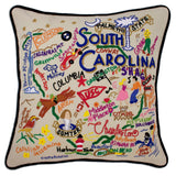 South Carolina hand embroidered pillow with black velvet piping