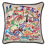 Texas hand embroidered pillow with black velvet piping