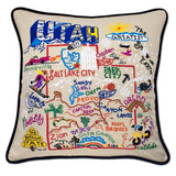 Utah hand embroidered pillow with black velvet piping