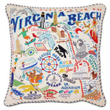 Virginia Beach hand embroidered pillow with blue ticking