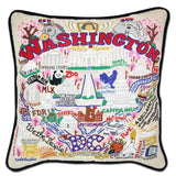 Washington DC hand embroidered pillow with black velvet piping
