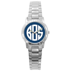 Watch with navy blue background and white block monogram