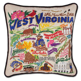 West Virginia hand embroidered pillow with black velvet piping